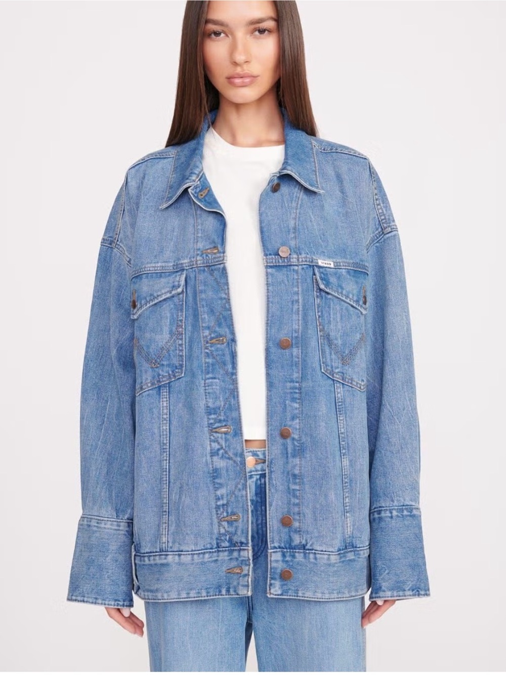 EUC STAUD x Wrangler The Biggest Jean Jacket – Mid Blue – Size L/XL